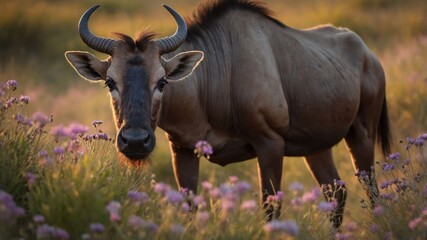 A close-up of a grazing animal amidst blooming flowers in a golden-lit landscape.