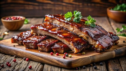 Delicious, fall-off-the-bone barbecue ribs glistening with a rich, savory glaze, served on a rustic wooden board, garnished with fresh parsley and peppercorns