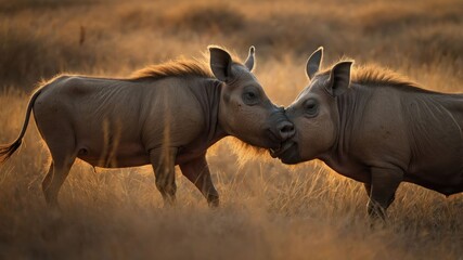 Obraz premium Two warthogs playfully interacting in a golden grassland at sunset.