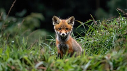 Naklejka premium Red fox kit in tall grass, forest background; wildlife nature image