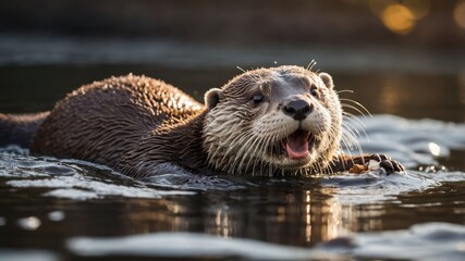 Fototapeta premium A playful otter swimming in a tranquil water setting, showcasing its playful nature.