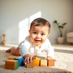 A one-year-old child with large, curious eyes and a joyful smile crawls on a beige rug in a minimalist living room, bathed in natural light.