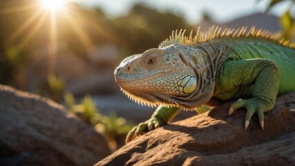 Fototapeta premium A close-up of a green iguana basking on a rock with sunlight in the background.