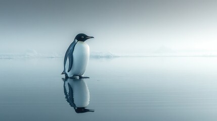 Obraz premium Antarctic penguin wading, icebergs background, calm waters, wildlife documentary