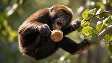 A playful monkey holds a cookie while perched on a tree branch, showcasing its curiosity.