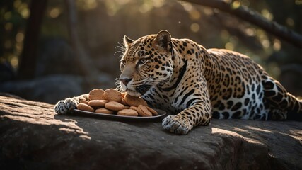 A leopard enjoys cookies on a rock in a natural setting, highlighting wildlife interaction.