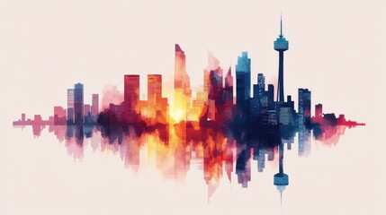 Obraz premium Vibrant Futuristic Cityscape with Mirrored Skyscrapers Reflecting Colorful Sunset or Sunrise