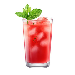 A watermelon juice glass with a mint leaf garnish, floating on white.