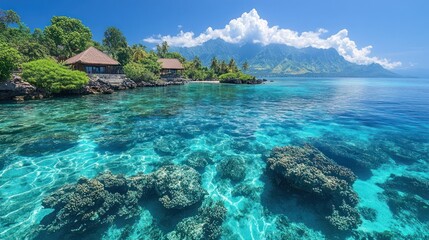 Fototapeta premium Tropical paradise featuring turquoise waters, coral reefs, thatched roof bungalows and majestic mountains