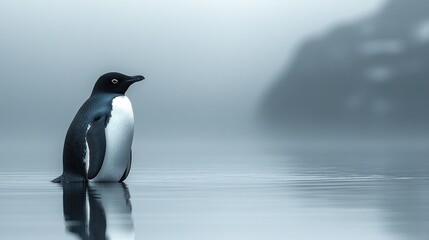 Fototapeta premium Antarctic penguin wading misty waters, iceberg background, wildlife documentary