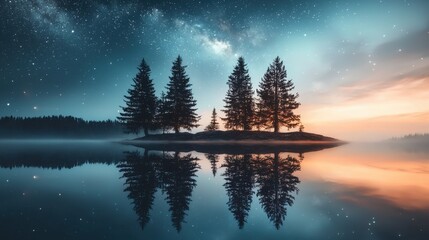 Fototapeta premium Enchanted Landscape Reflecting in Tranquil Lake at Sunset with Snowy Pine Trees and Starry Sky