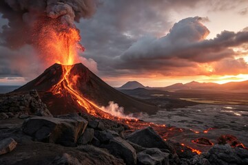 Volcanic lava flow, glowing molten rock
