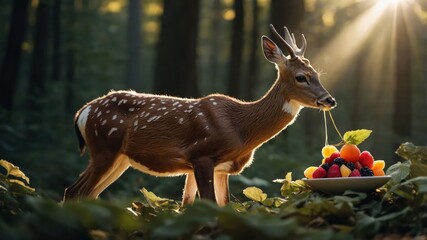 A deer stands beside a plate of colorful fruits in a sunlit forest.