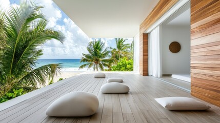 Fototapeta premium Luxurious Beachfront Retreat with Minimalist Design and Tropical Paradise Views