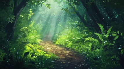 Fototapeta premium Nature background with a forest trail surrounded by dense greenery and soft sunlight filtering through
