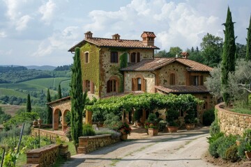Charming tuscan villa with terracotta roof, stone walls, and lush greenery, enjoying a scenic view of the vineyards