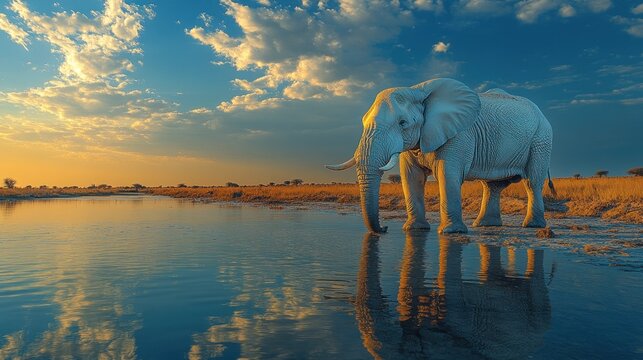 An elephant drinks from a body of water at dusk with a clear blue sky and white clouds