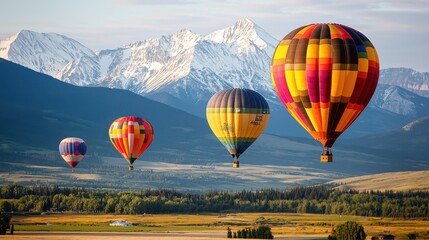 Obraz premium Colorful Hot Air Balloons Soaring Over Majestic Mountain Landscape in Autumn Season