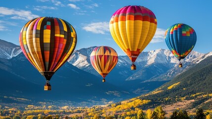 Fototapeta premium Colorful Hot Air Balloons Soaring Over Scenic Mountain Landscape in Autumn