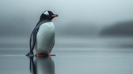 Fototapeta premium Antarctic penguin standing, foggy waters, wildlife documentary