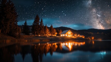 Fototapeta premium Tranquil Mountain Chalet Nestled by Starry Night Lake Landscape