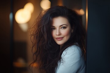 A stunning woman with curly hair smiling softly against a blurred background.