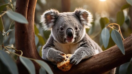 Fototapeta premium A koala perched on a tree branch, enjoying a snack amidst lush foliage.