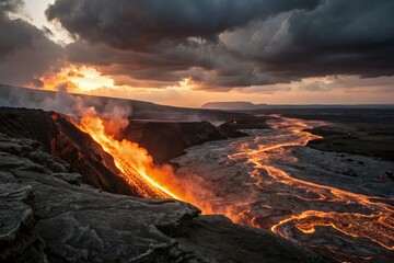 Fototapeta premium Volcanic lava flow, glowing molten rock