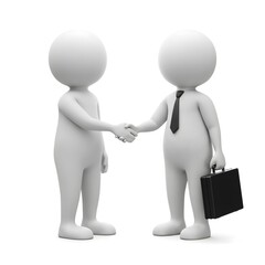 Two 3d characters engaging in a professional handshake - one holding a black briefcase, symbolizing a business partnership, teamwork and an agreement in a corporate environment in white background