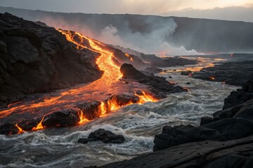 Volcanic lava flow, glowing molten rock