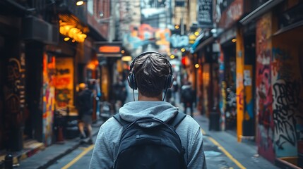Obraz premium A man wearing headphones, walking down a graffiti-filled street, lost in thought.