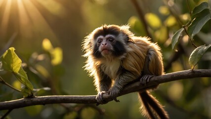 Obraz premium A monkey perched on a branch, illuminated by soft sunlight in a lush environment.