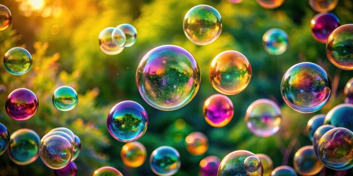 Colorful soap bubbles floating in mid-air with a soft focus effect , colorful, transparent