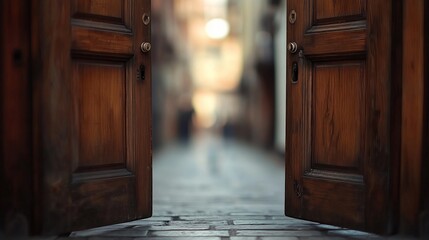 Obraz premium A pair of open wooden doors revealing a blurred alleyway in the background.