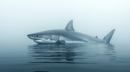 Great white shark surfacing foggy ocean; wildlife documentary