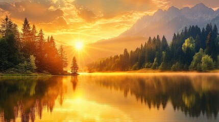 Nature background with a golden sunset reflecting off a still forest lake