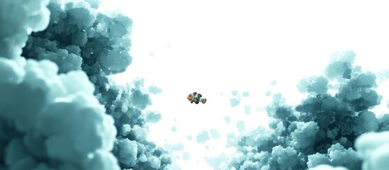 Clownfish swimming through teal clouds, bright background, underwater scene