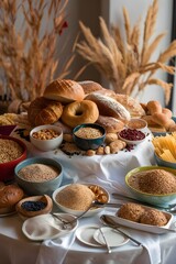 Close-up Photo of a table covered with various grain foods. There are bread, rolls, and bagels in the center.