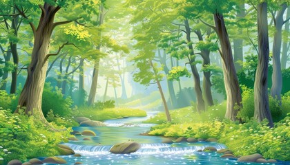 Obraz premium A stream flows through a lush green forest with sunlight filtering through the trees.