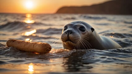 Fototapeta premium A seal swimming in water at sunset, playfully interacting with a floating object.