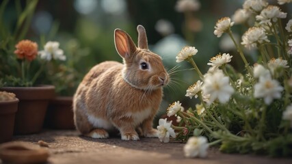 Fototapeta premium A cute rabbit among flowers in a garden setting.