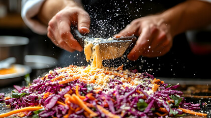 Chef preparing a vibrant salad with shredded cheese and fresh vegetables