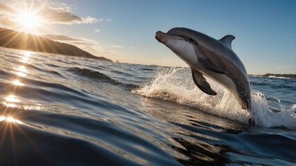 Naklejka premium A dolphin leaps gracefully from the ocean, illuminated by the setting sun.
