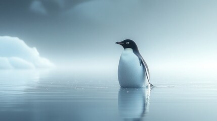 Fototapeta premium Antarctic penguin wading, misty ocean, icebergs, wildlife documentary