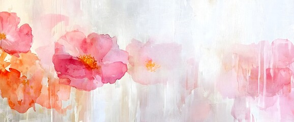 Watercolor coral and pink abstract flowers, horizontal, ideal for spring celebrations, wedding stationery, and feminine brand designs