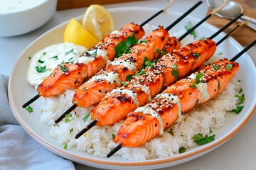 Grilled salmon skewers served on a bed of fragrant rice with fresh herbs and lemon