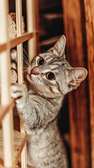 Playful tabby cat reaching for a toy on a wooden shelf