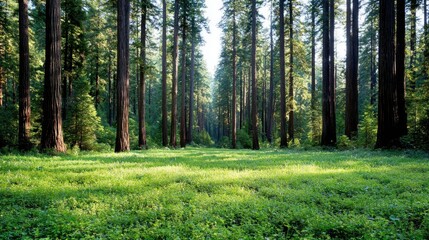 Obraz premium Tall redwood trees stand in a lush green forest clearing with bright sunlight filtering through the canopy.