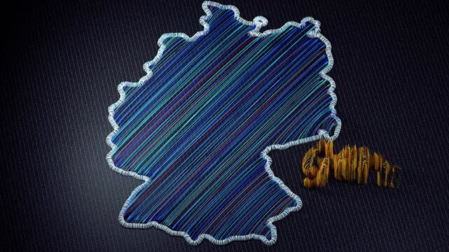 3D animation of an embroidered map of Germany. The colorful threads and fabric are shown from various perspectives, with motion effects highlighting the details and the word Germany.