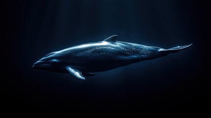 Fototapeta premium Deep ocean whale, swimming, sunbeams, dark background, marine wildlife conservation